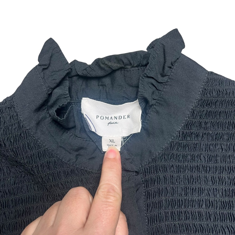 Pomander Place Womens XL Black Smocked Ruffle Neck Button Front Blouse Top - Picture 5 of 10